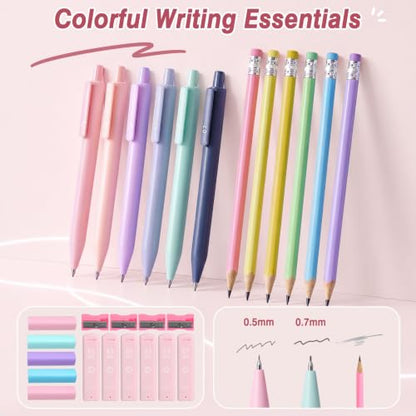 MoKo Pencil Case with Supplies, 59Pcs Aesthetic School Set, Pink | Includes gel pens, wooden and mechanical pencils, 0.5 and 0.7 mm refills, highlighters, erasers and sharpeners. - color: Pink-59P