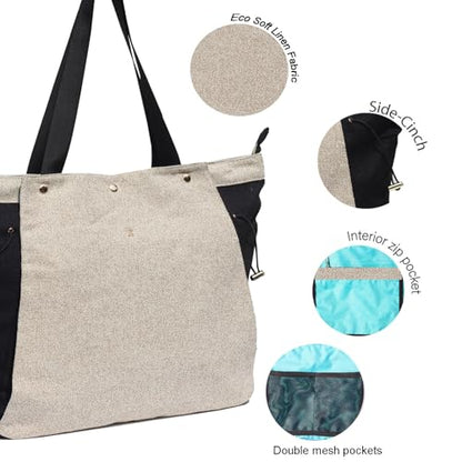 ESVAN Yoga Mat Bag, Gym Bag Tote Bag with Multi Pockets For Women Drawstring Yoga Mat Carrier Pilates Travel Workout Office - color: Linen Black Beige