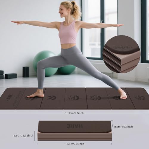 HAHE Extra Thick 7-Fold Yoga Mat, 72"x24"x0.47" TPE Exercise Mat | High Rebound & High Density Portable Mat for Women & Men, Non-Slip Travel Mat for Yoga, Pilates, Floor Exercise - color: Flower Dark Brown + Beige