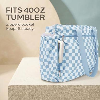 Omanmoli Beach Bag for Women Large Waterproof Sandproof Tote 40oz Holder | Anti-theft Lock & Chain,12 Pockets,2 Insulated Foil Pockets,Checkered,Cruise Travel Vacation Picnic Pool Work Gym,Checkered - color: Beige&blue