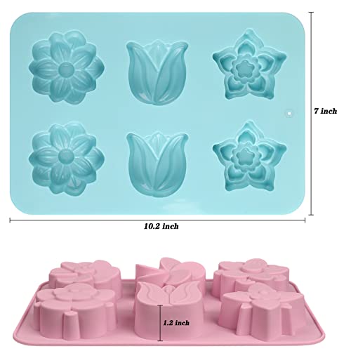 Sakolla 6-Cavity Flower Soap Molds Silicone, 2 Pack Tulip Different Flower Shapes Silicone Molds for Soap, Lotion Bar, Bath Bombs, Chocolate, Candy Baking Molds Jelly, Ice Cube Tray - color: Tulip Flower/Pink & Blue