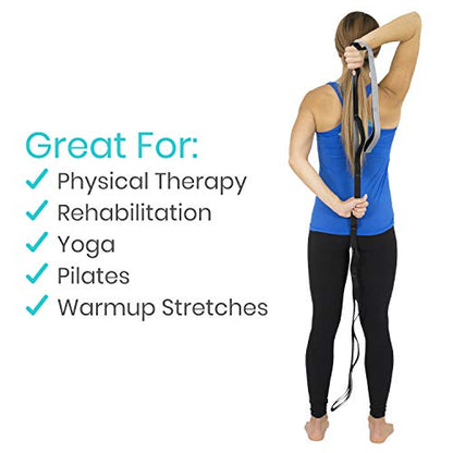 Vive Stretch Strap (75" - 10 Loops) - Leg Stretch Band to Improve Flexibility - Stretching Out Yoga Strap - Exercise and Physical Therapy Belt for Rehab, Pilates and Gymnastics with Guide Book - color: Gray