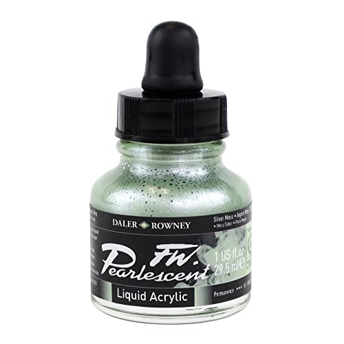 Daler-Rowney FW Pearlescent Acrylic Ink Bottle Silver Moss - Acrylic Drawing Ink for Artists and Students - Permanent Calligraphy Ink - Archival Ink for Illustrating and More - size: 1 fl oz