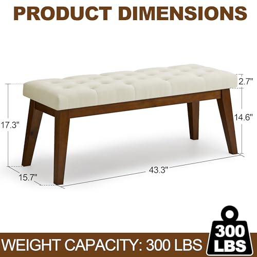 WUTUTUEE 43.5'' Linen Bedroom Bench, Upholstered End of Bed Bench with Tufted Button, Padded Vintage Dining Bench, Entryway Bench with Solid Wood Legs, Kitchen, Living Room, Hallway, Beige Tufted - color: Beige-linen-tufted