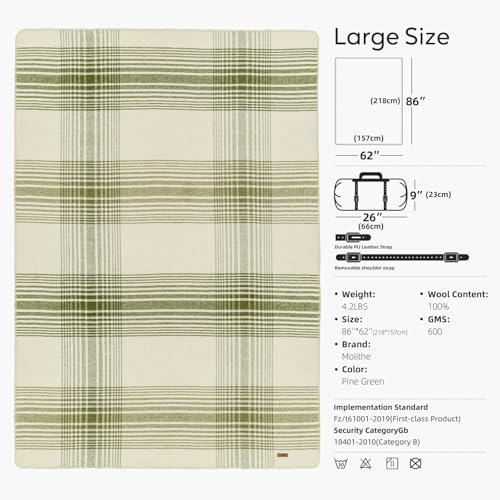Molithe 100% Wool Blanket, 62" x 86", Warm, Thick, Military, Camping Gear - color: Pine Green