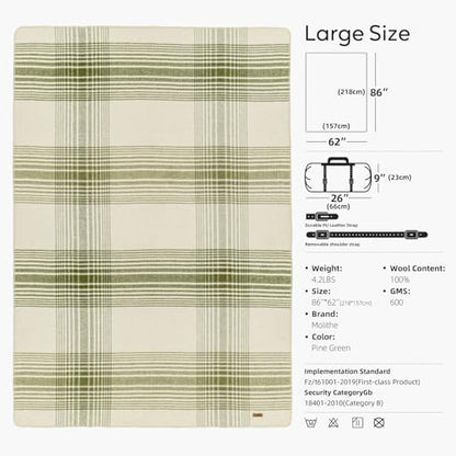 Molithe 100% Wool Blanket, 62" x 86", Warm, Thick, Military, Camping Gear - color: Pine Green