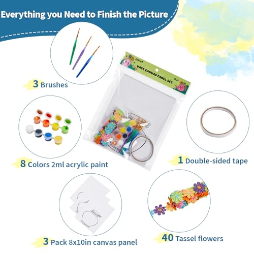 DIY Vase Pre Drawn Canvas Painting Kit, 3-Pack 8x10 Inch Canvas Panels, 40 Tassel Flowers, 8 Acrylic Paints, 3 Brushes & Double-Sided Tape, Creative Art Kit for DIY Projects & Crafting Fun - size: 8"x10"(3-Pack), style: Classic - Vase