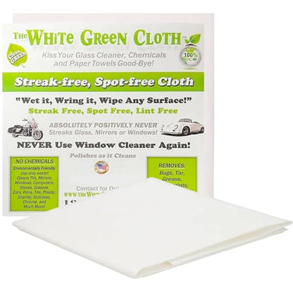 The White Green Cloth 1-Pack Reusable Cleaning Cloth for Streak-Free Windows, Mirrors & All-Purpose Cleaning – Chemical-Free, Absorbent, Non-Abrasive, 16" x 16" White Cleaning Rag, Made in the USA