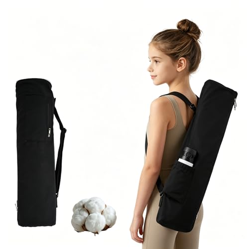 Cotton yoga mat bag with Pockets and Adjustable Strap - Full Zip Cargo Yoga Mat Carrier Bag - Bag for 1/4" 1/3" Thick Yoga Mat - color: Black, size: L