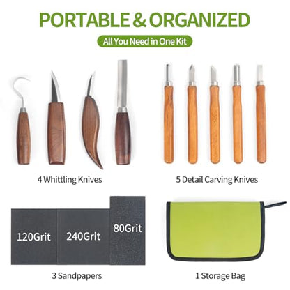 Wood Carving Kit - 12Pcs Wood Carving Tools Set with Storage Bag,Carving Knife Set with 4Pcs Whittling Knives, 5Pcs Detail Carving Knives,Wood Whittling Kit for Beginners Adults Kids
