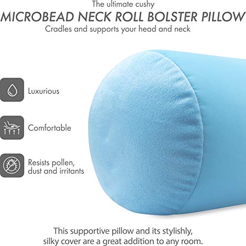 Microbead Bolster Neck Roll Pillow, 14x8 in Cylinder Tube, Sweet Baby Blue | Silky feel fabric helps prevent wrinkles & hair breakage; feather-light beads gently cushion head & shoulders as you rest - color: Sweet Baby Blue
