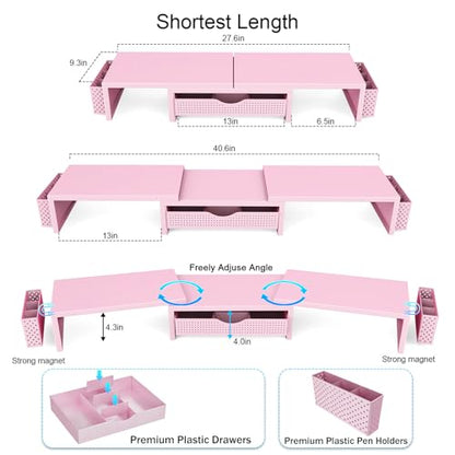 gianotter Dual Monitor Stand Riser With Drawer and 2 Pen Holders - color: Pink