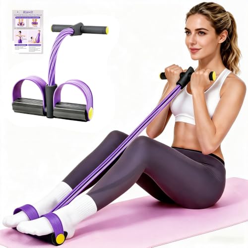 Pedal Resistance Band with Handle, 6-Tube Natural Rubber Exercise Bands - color: Black & Purple