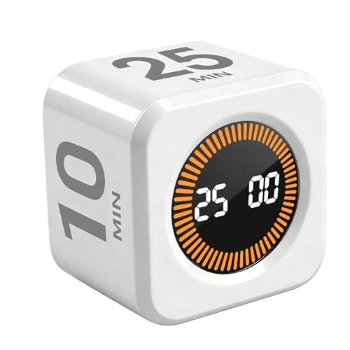 Pomodoro Timer Cube for Productivity — 5/25/10/50 Minutes Preset, Digital Gravity Sensor Desk Visual Timer for ADHD, Silent Mode, Ideal for Office, Study, Kitchen & Kids (White) - color: White