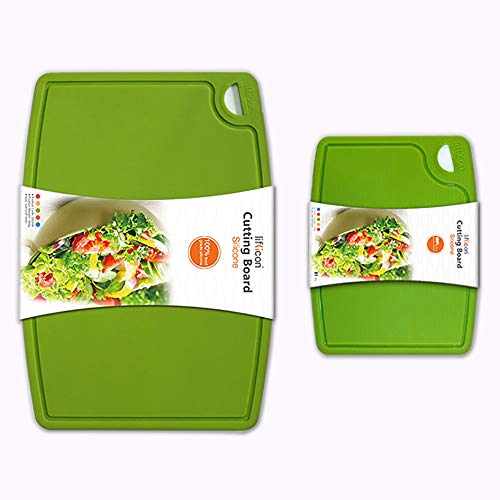 Liflicon Thick Silicone Cutting Boards for Kitchen Silicone Chopping Boards/Mats Set of 2 Extra Large14.6''x10.43'', Mini 9.1”x7.1” Non-slip Deep Drip Juice Groove, Dishwasher Safe-Green - color: Green, size: S+L