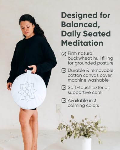 Mindful & Modern Large Meditation Cushion for Zafu Yoga - Meditation Pillow for Sitting on the Floor - Buckwheat Hull Filled Yoga Cushion with Removable, Washable 100% Cotton Cover and Carry Handle - color: Round - White