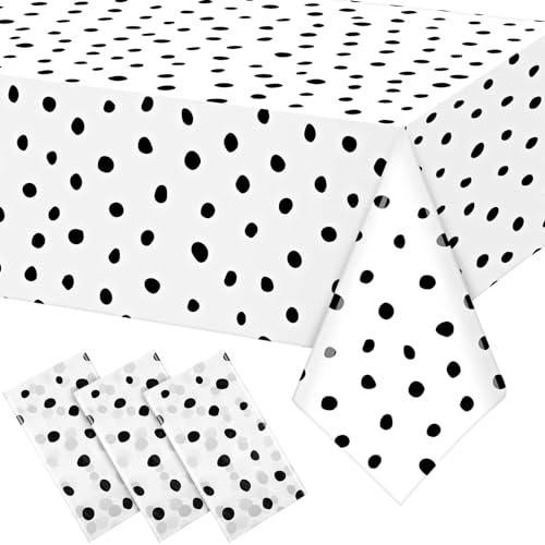 Mindsoft 3 Pcs White Black Polka Dot Plastic Tablecloth Party | Disposable Table Covers for Birthday Wedding Celebration, Dalmatian Print Design, Easy Cleanup, Modern Art Decoration - color: White, style: Black Polka Dot