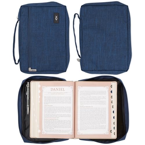 Christian Art Gifts Polyester Bible Cover for Men & Women w/Jesus Fish Patch, Zipper Pocket, Pen Loops, Easy Carry Book Case for Stationery, Accessories, Navy Blue, Small - color: Navy Blue/Jesus Fish, size: Small