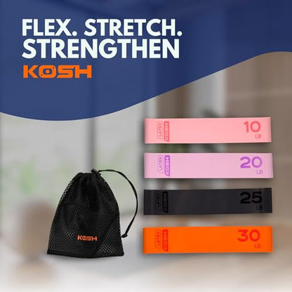 Kosh Resistance Exercise Bands – Set of 4 Natural Latex Loop Bands for Workout, Stretching, Physical Therapy – Includes Mesh Carry Bag