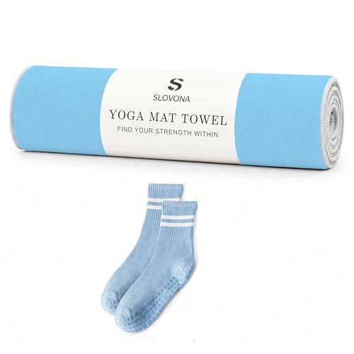 Upgraded Yoga Mat Towel with Bonus Grip Socks, Elegant Embroidered - color: Sky Blue