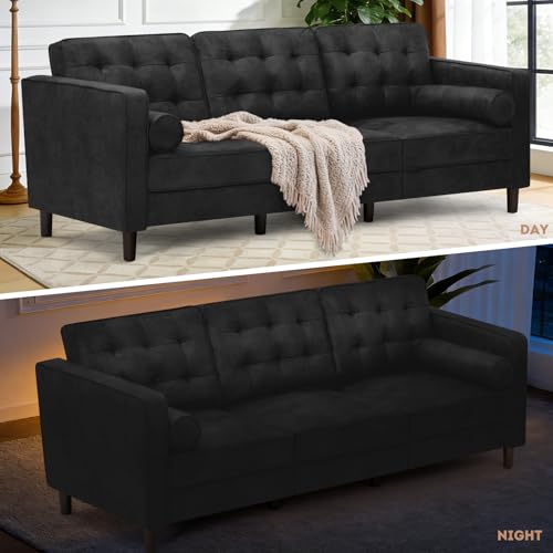 84 Inches Suede Leather Couch with Bolster Pillows, Black - color: Black, size: 84" Sofa