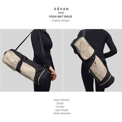 ESVAN Yoga Mat Bag with Multi Pockets Drawstring Yoga Mat Carrier Pilates Exercise Multi-Functional Storage Bag - color: Linen Black Beige