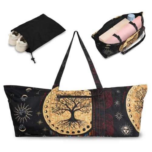 Yoga Mat Bag Yoga Tote Bag with Large Waterproof Zipper Pocket and Drawstring Pocket Yoga Mat Bag Carrier Fit Most Size Mats and All You Stuff - color: black beige