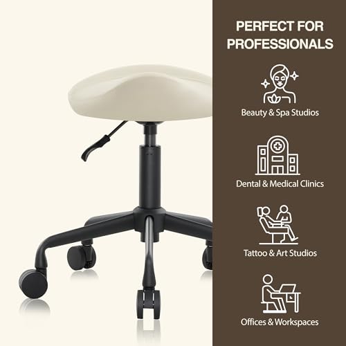 Ergonomic Rolling Stool, Adjustable Swivel Chair with Wheels, Vanilla - color: Vanilla, size: Standard without Backrest