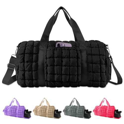 Quilted Travel Duffle Bag Gym Bag for Women,Large Puffer Duffle Weekender Bag with Compartment,Workout Overnight Carry on Organizer Bag Duffle Bag for Airplane Travel(Black) - color: Black, size: Medium