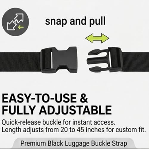 Black Luggage Strap Multiple Connector, Adjustable Bag Strap for Travel - size: 45Inch