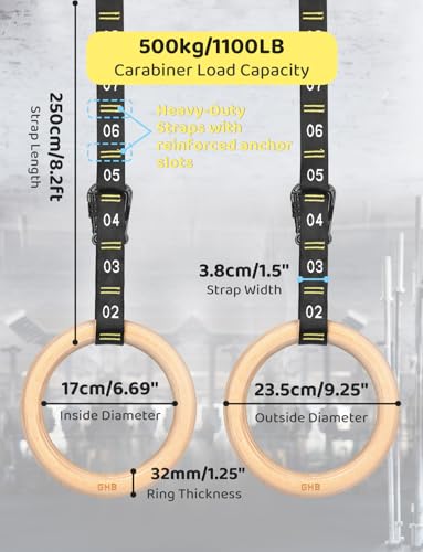 GHB Gymnastic Rings Wooden Gym Rings 1.25" Olympic Rings Adjustable Straps Pull Up Rings Sets for Workout Bodyweight Fitness Training - style: 32mm Rings & Carabiner Numbered Straps Set