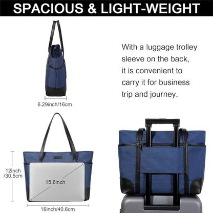 Laptop Bag for Women,ChaseChic Waterproof Classic Teacher's Tote Bag 15.6in Computer Work Bags for Women with Luggage Strap - color: Dark Blue-15.6in