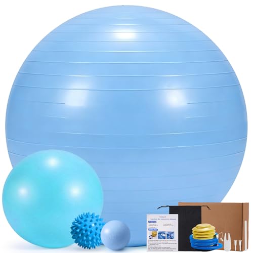 4Pcs Yoga Ball Set includes Large and 9in Pilates Balls, Massage & Spiky Ball for Fitness ,Anti-Burst Exercise Ball with Pumb for Pregnancy,Physical Therapy,Office Chair, Home Workout,3Sizes,3Colors - color: Blue, size: L(23-26inch/58-65cm)