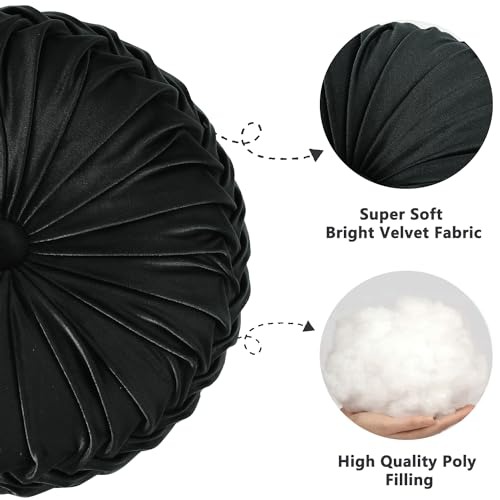 HIG Set of 2 Black Velvet Decorative Round Pleated Throw Pillows - color: Black