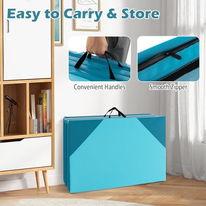 Giantex 4'x10'x 2" Gymnastics Mat, 4-Panel Folding Aerobics Exercise Mat w/Hook & Loop Fastener, Carrying Handle, Portable Tumbling Mat for Stretching Yoga Cheerleading Martial Arts - color: Light Blue/Blue