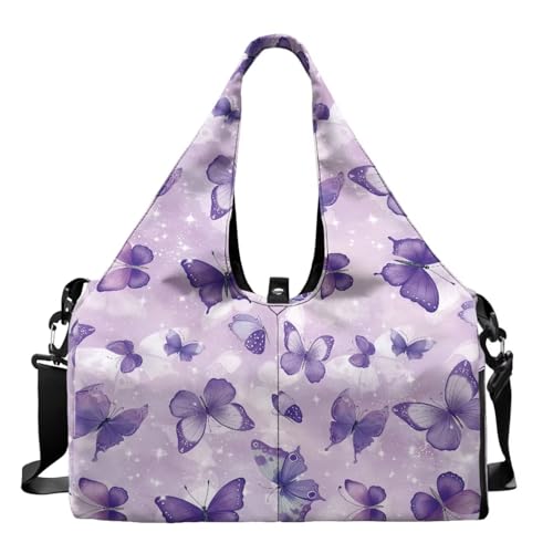 Gym Bag with Yoga Mat Holder Large Tote Bag With Multi Pockets for Women Men Dry Wet Separated Pocket Carryall Yoga Tote Bag for Pilates Travel Workout Office - color: Purple Butterfly