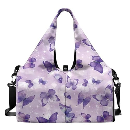 Gym Bag with Yoga Mat Holder Large Tote Bag With Multi Pockets for Women Men Dry Wet Separated Pocket Carryall Yoga Tote Bag for Pilates Travel Workout Office - color: Purple Butterfly