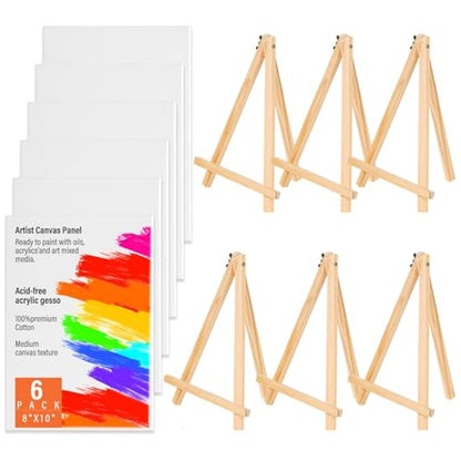 Canvas Boards with Easel for Painting 6 Pack 8 x 10 Inch Small Canvases Panels with Pine Easels Beginner PaintingKit for Acrylic Oil Watercolor Crafts Sip and Paint Art Party - style: Canvas and Easel 12