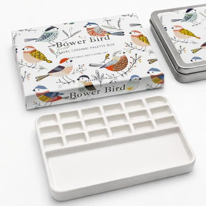 Bower Bird Travel Ceramic Watercolor Palette with Porcelain Mixing Tray, Metal Tin Box, White, Portable, 5.5x3.7x0.66 Inches (18Well)