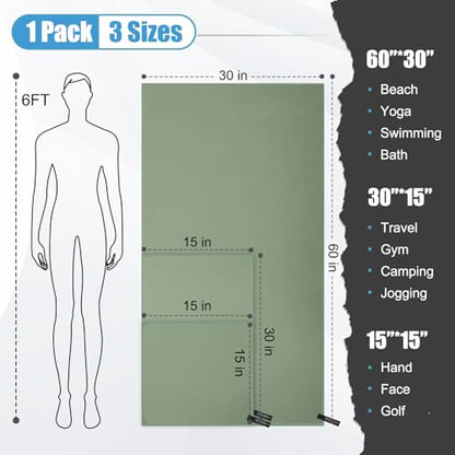 Quick Dry Travel Towel, 3 Sizes 1 Pack Camping Microfiber Towel, Lightweight Fast Drying Towels Set 60"x30", 30"x15", 15"x15" w/Bag for Gym, Beach, Hiking, Swimming, Army Green - color: Army Green