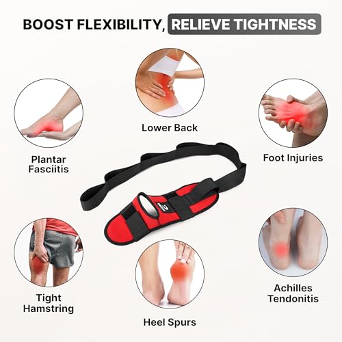 DMoose Fitness Foot & Calf Stretcher with Adjustable Padded Stretching Strap for Plantar Fasciitis, Hamstring, Heel Spurs and Achilles Tendonitis Relief - Yoga Leg Stretch Strap for Flexibility - color: Red