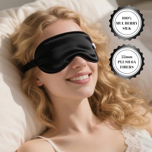 100% Pure Mulberry Silk Eye Mask - 22 Momme Adjustable Strap, Light Blocking, Silk Storage Bag & Gift Box - for Sleep/Travel/Gift, Sensitive Skin Friendly (Black)