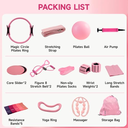 Pilates Equipment Kit for Home Workouts, 21 Pcs Set 14'' Pilates Ring, Complete Yoga Pilates Accessories with Wrist Weights, Core Sliders, Yoga Strap, Socks and Massage Ball - color: Pink