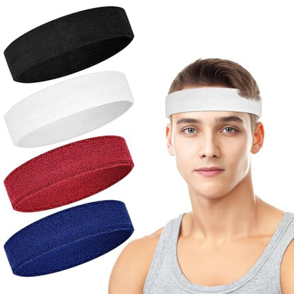 4 Pack Cotton Terry Sweat Headbands for Men Women Running Gym - color: Black/Red/White/Blue