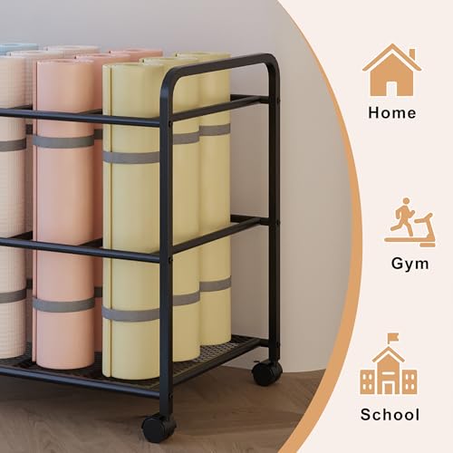 Lutown-Teen Yoga Mat Storage Rack with Wheels and Rounded Corners, Black | Large-Capacity Home Gym Storage Yoga Mat Rack for Fitness Class, Home, Gym, Workout Room, Easy Assembly