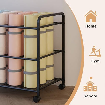 Lutown-Teen Yoga Mat Storage Rack with Wheels and Rounded Corners, Black | Large-Capacity Home Gym Storage Yoga Mat Rack for Fitness Class, Home, Gym, Workout Room, Easy Assembly