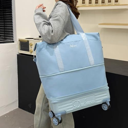 Expandable Rolling Travel Bag with Removable Wheels & Handle, Large Capacity Wheeled Duffle Tote, Foldable Carry On Luggage for Women, Lightweight Weekender Overnight Bag (LightBlue) - color: LightBlue