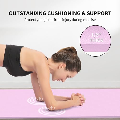 Hatha Yoga Extra Long TPE Yoga Mat 79" x 40" x 1/2" Thick Non-slip Exercise Mat for Home Gym Use, Yoga, Pilates, Fitness & Workouts - color: Pink