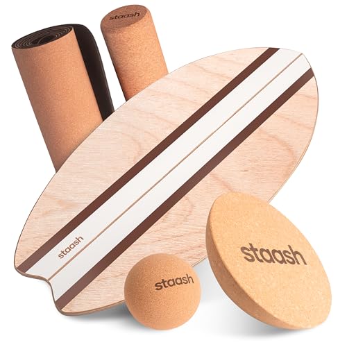 STAASH® Balance Board Full Kit – Premium Birch Wood Trainer with Cork Roller, Balance Disc, Massage Ball & Anti-Slip Mat – Core Strength, Surf, Snowboard & Rehab Training – All-In-One Set - color: Cacao