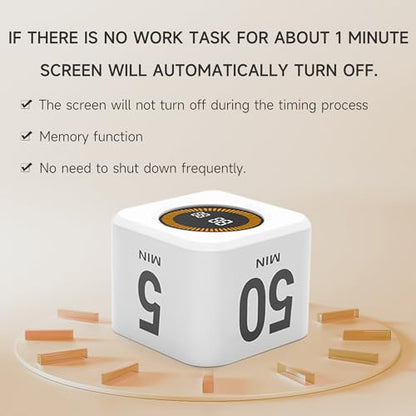 Rotating Productivity Timer, 5, 25, 10, 50 Minute Presets, Desk Cube | Gravity sensor with mute function; ADHD-friendly for work, study, kitchen and back to school - color: White